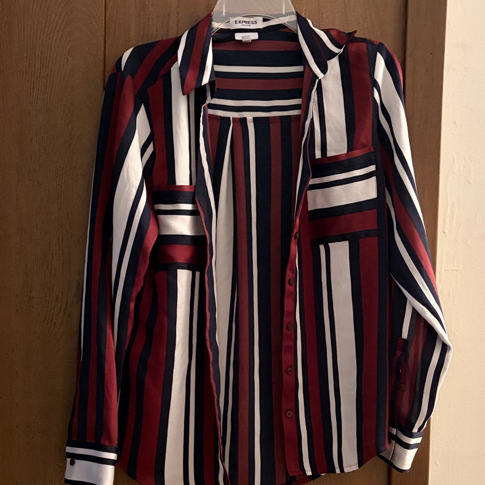 Express Striped Button-Up Blouse in Burgundy, Navy & White